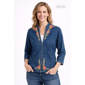 Suzanne Somers Collection Embroidered Boho Floral Rhinestone Jean Jacket Size M